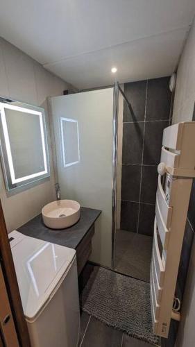 une salle de bain avec toilettes, lavabo et douche dans l'établissement Location appartement montagne, à Châtel