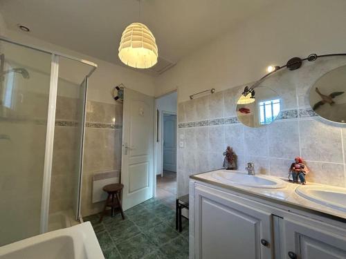 La pinède, 8 couchages vaste terrain piscine في Garéoult: حمام مع حوض ودش ومرآة