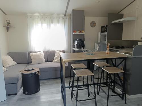 une cuisine et un salon avec un canapé et une table dans l'établissement Le ptit plaisir, à Auch