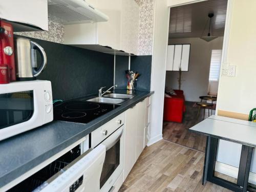 a kitchen with a sink and a microwave at La Hourdeloise appartement 100m de la mer à Cayeux in Cayeux-sur-Mer