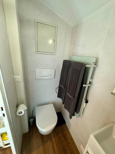 a bathroom with a toilet and a sink and towels at Chalet Studio Apartment with Aircon in Interlaken