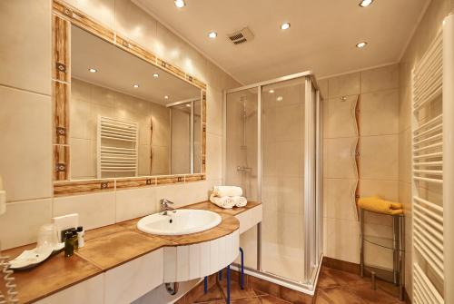 a bathroom with a sink and a shower at Ferienhaus Astrid in Flachau