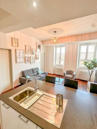 une cuisine avec un évier et un salon dans l'établissement Belle vue à Saint-Cyprien-Parking-Hyper Centre, à Toulouse