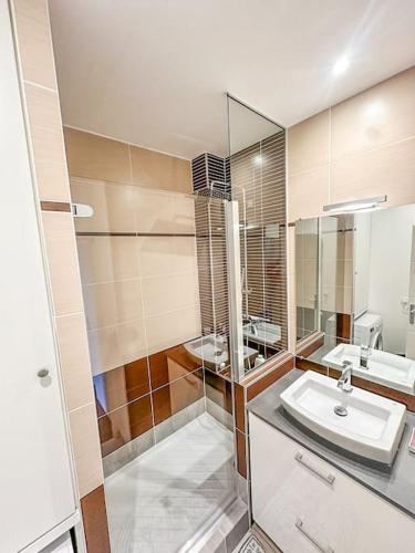 une salle de bain avec un lavabo et un miroir dans l'établissement Belle vue à Saint-Cyprien-Parking-Hyper Centre, à Toulouse