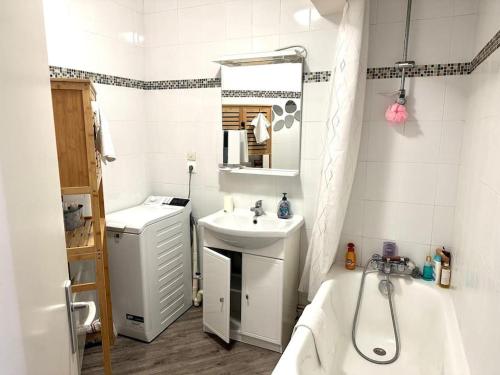 une salle de bain avec un lavabo et une baignoire à côté d'une baignoire dans l'établissement Appartement 58m2 lumineux en face du Parc des expositions, à Vanves