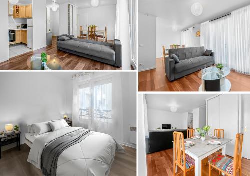 un collage de photos d'une chambre et d'un salon dans l'établissement Escale Villa Pauline CDG, Villepinte Expo, Disney, à Villepinte