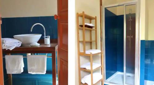 une salle de bain bleue avec un lavabo et un miroir dans l'établissement Maison entre plage et port, au Pouliguen