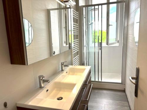 une salle de bain avec un lavabo, un miroir et une douche dans l'établissement GRAND APPARTEMENT DE CARACTERE à VICHY, à Vichy