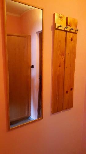 a mirror on a wall next to a wooden door at Penzion Premona in Nitra