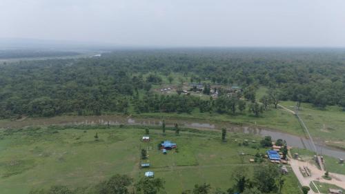 an aerial view of a field with trees and a river at Hong Qi Hotel in Chitwan