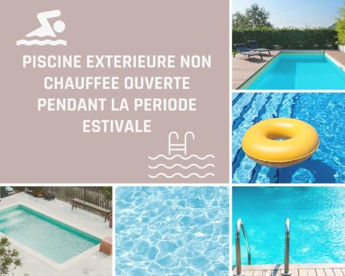 un collage de photos d'une piscine et d'un frisbee jaune dans l'établissement Qouei Eichi la maison fleurie PISCINE Campagne, à Bas-en-Basset