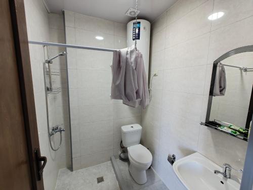une salle de bain avec toilettes, lavabo et douche dans l'établissement Апартаменты с видом на море и Батуми, à Makhinjauri