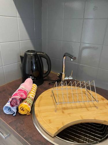 a drying rack on a counter next to a sink at Appartement am Brunnenplatzl mit Bademantelzugang in Bad Griesbach