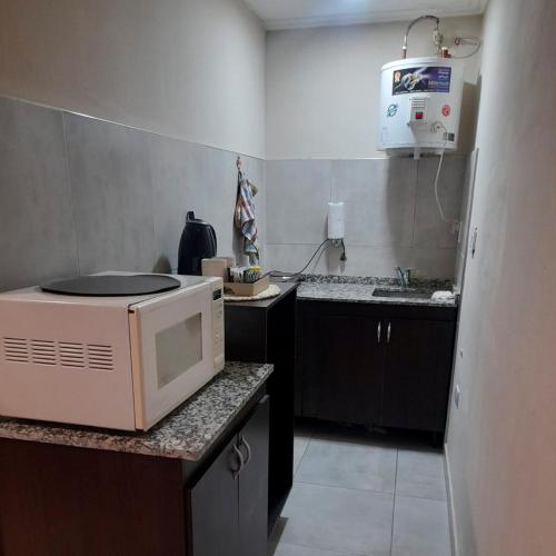 a small kitchen with a microwave on a counter at Hermoso departamento en Ciudad de Mendoza in Barraquero