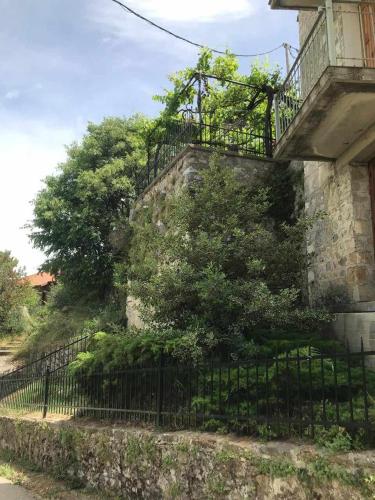 an iron fence next to a building with a tree at Wanderer's Lodge in Sparti