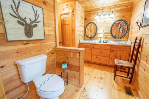 a log cabin bathroom with a toilet and a sink at Hibernation Station - Hot Tub, Fireplace, Serene Forest Views - Cherry Log, GA in Blue Ridge