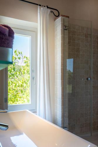 a bathroom with a tub and a window and a shower at La Vittoria 10 – La Soglia della Val d’Orcia in Chianciano Terme