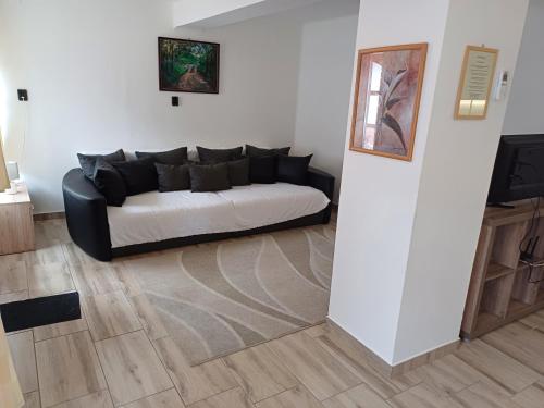 a black and white couch in a living room at Eszter Vendégház in Tiszafüred