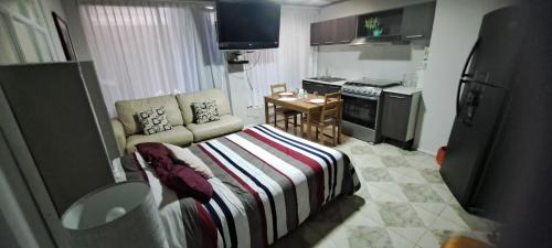 Una pequeña sala de estar con un sofá y una cocina. en Encantadoras Habitaciones Privadas Del Valle, en Ciudad de México