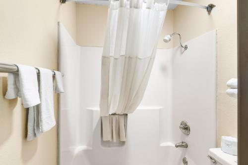 a bathroom with a shower with white towels at Americas Best Value Inn Decatur in Decatur
