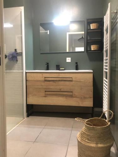 une salle de bain avec un lavabo et un miroir dans l'établissement Appartement centre ville avec vue sur l'Adour, à Bayonne