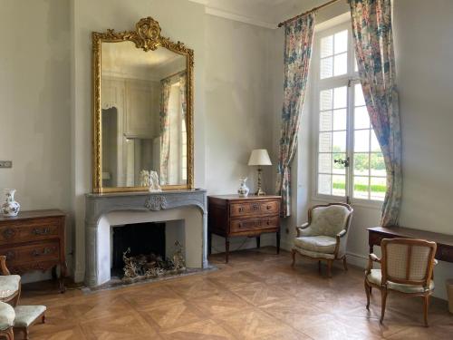 a living room with a mirror and a fireplace at Seigneurie de Peyrat in Pézenas