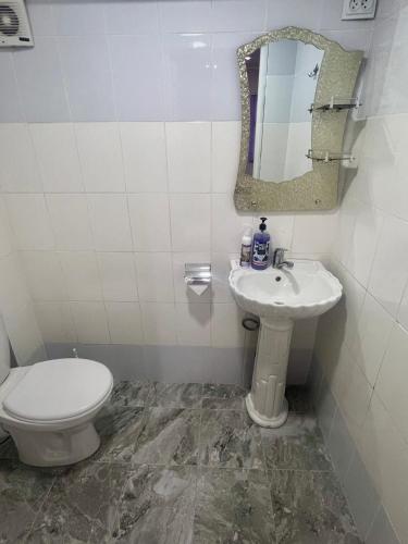 a bathroom with a toilet and a sink and a mirror at Гостевой дом Сафар in Kapchagay