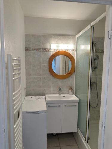 a bathroom with a sink and a shower and a mirror at les fermettes de la plage in Saint-Nic