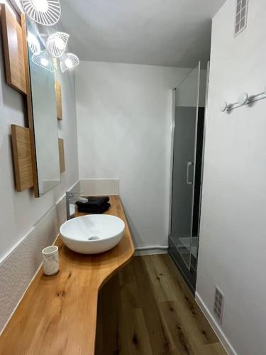 une salle de bain avec un lavabo blanc et une douche dans l'établissement Le Saint-Ange, appartement accès direct à la plage, au Barcarès