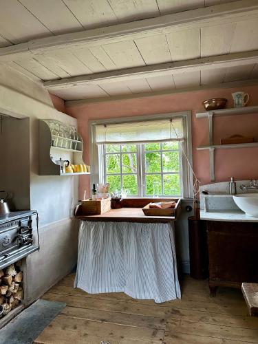 a kitchen with pink walls and a large window at Heritage-listed country cottages in Eskilstuna