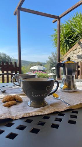a table with a bowl and a tea pot and cookies at Agriturismo e Glamping Serraiola Alta in Frassine