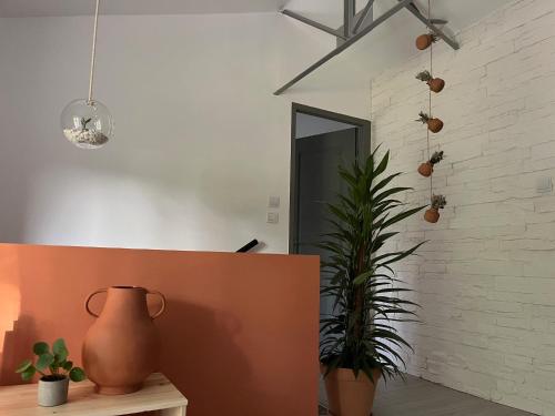 a room with a vase and plants on the wall at Hózhó Tempo -Sous les toits, espace loft écofriendly & slowlife avec petit-déjeuner in Grézet-Cavagnan