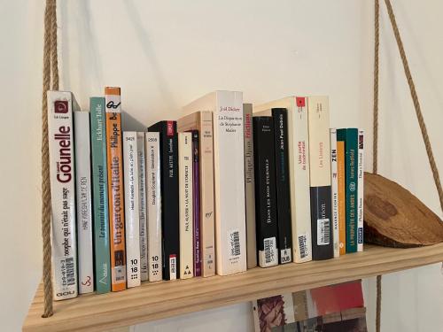 a row of books sitting on a shelf at Hózhó Tempo -Sous les toits, espace loft écofriendly & slowlife avec petit-déjeuner in Grézet-Cavagnan