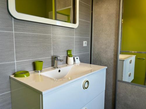 une salle de bain avec un lavabo et un miroir dans l'établissement 651 - Belle maison en pierre à 300m de la plage., à Erquy