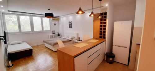 una cucina con scrivania e un divano in camera di Apartman Durmitor a Fontana