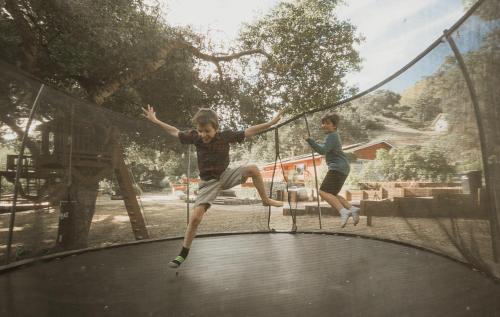 two young boys jumping on a trampoline at Serene Vineyard Chateau with Pool, Hot Tub, BBQ in Carmel Valley