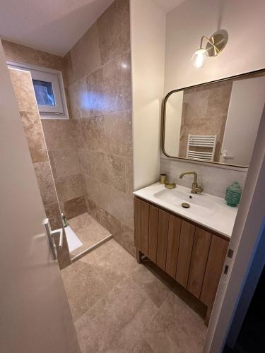 une salle de bain avec un lavabo et une douche avec un miroir dans l'établissement Magnifique villa face au golf avec piscine au sel, à Lacanau