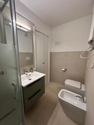 a bathroom with a sink and a toilet and a mirror at La Stella Bilocale con balcone in Ponte di Legno
