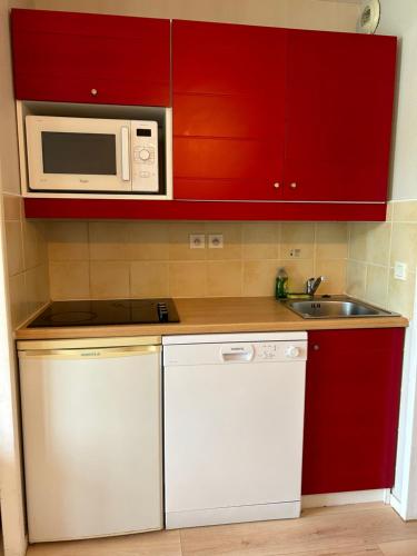 La cuisine est équipée de placards rouges, d'un évier et d'un four micro-ondes. dans l'établissement Appt HAMEAU DU LAC, avec piscine, à Marciac