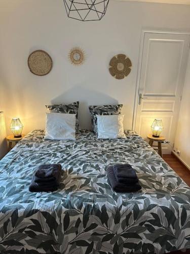 une chambre avec un lit avec deux oreillers dessus dans l'établissement Bel Appart au cœur d Ancenis, Vélos Bienvenue, à Ancenis