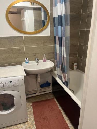 une salle de bain avec un lavabo et une machine à laver dans l'établissement Studio à Paris 20eme, à Paris