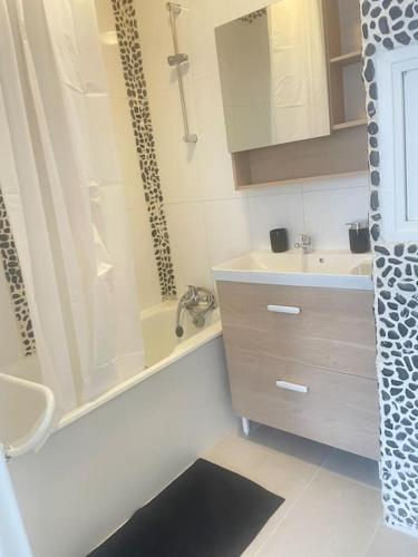 une salle de bain avec une douche, un lavabo et des toilettes dans l'établissement Charmant studio, Créteil L'Échat, à Créteil