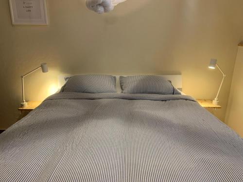 a bedroom with a bed with two lamps on both sides at Manor Meeder in Castanheira de Pêra