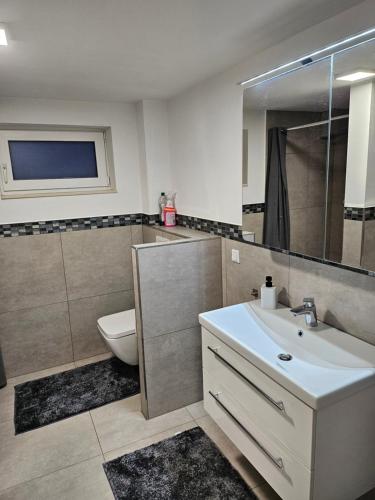 a bathroom with a white sink and a toilet at Messelodge Deiker Höfe in Düsseldorf