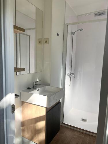 une salle de bain avec un lavabo blanc et une douche dans l'établissement Mobil-home 3 chambres Premium - Camping la Faloise, à Angicourt