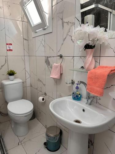 a white bathroom with a toilet and a sink at New renovated 1 BEDROOM FLAT North NİCOSİA 5A in Yenişehir