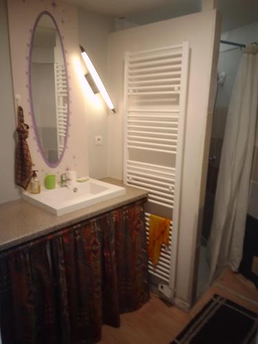 une salle de bain avec un lavabo et un miroir dans l'établissement Chez Fernand, à Saint-Pierre-le-Moûtier