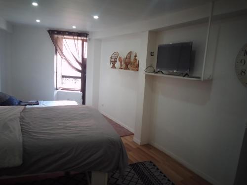 une chambre avec un lit et une télévision sur un mur dans l'établissement Chez Fernand, à Saint-Pierre-le-Moûtier