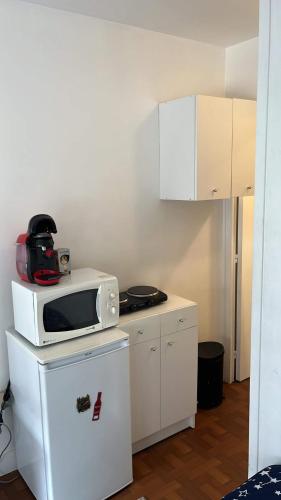 Il comprend une cuisine équipée d'un four micro-ondes et d'un réfrigérateur. dans l'établissement Studio à Paris 20eme, à Paris