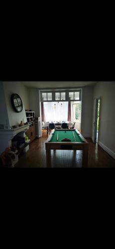 un salon avec une table de billard dans l'établissement Grande maison tout confort, billard et spa -en saison, à Lys-lès-Lannoy